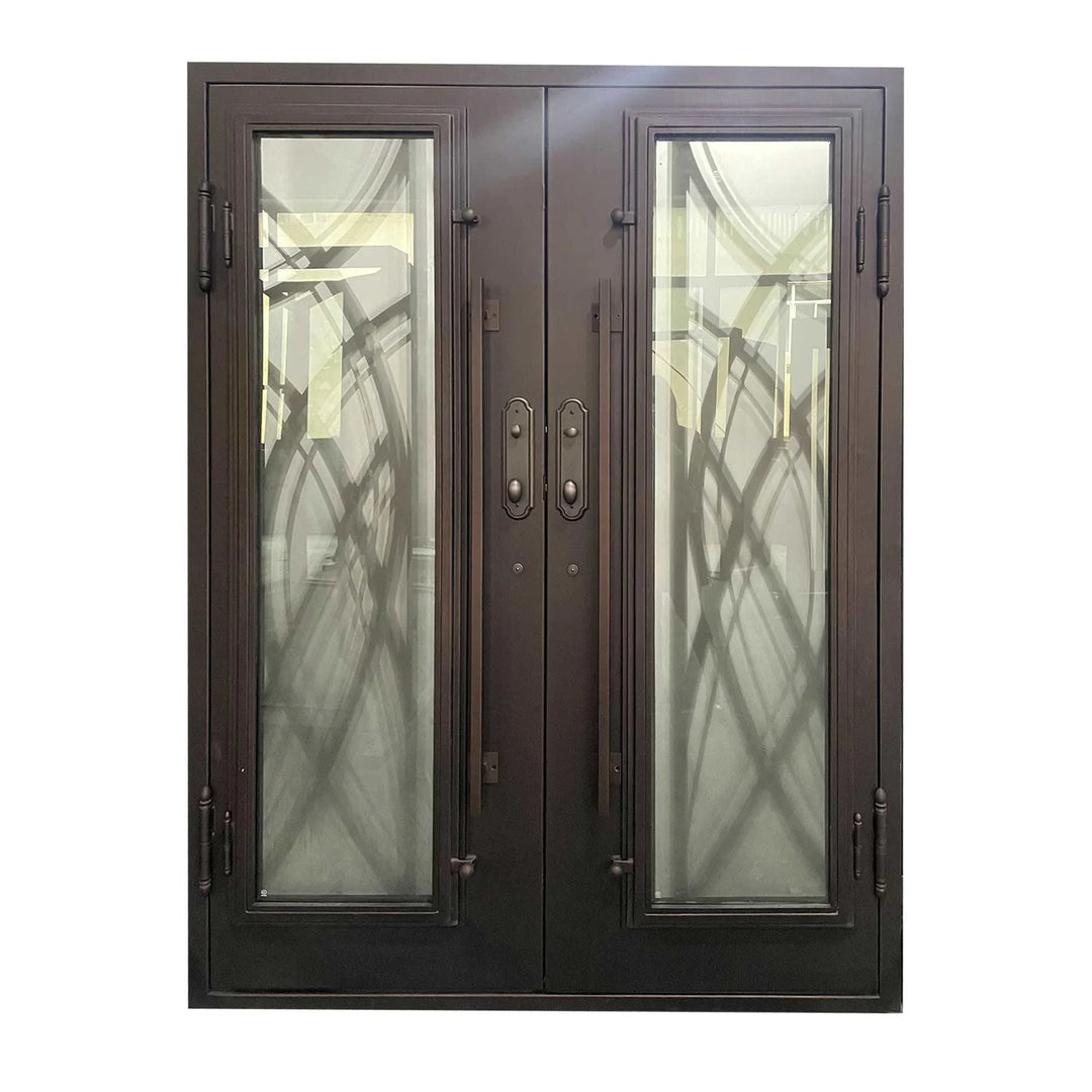 IWD Handmade Wrought Iron Double Exterior Door CID-102 Curve Design Square Top Hurricane Proof Operable Glass - IronWroughtDoors
