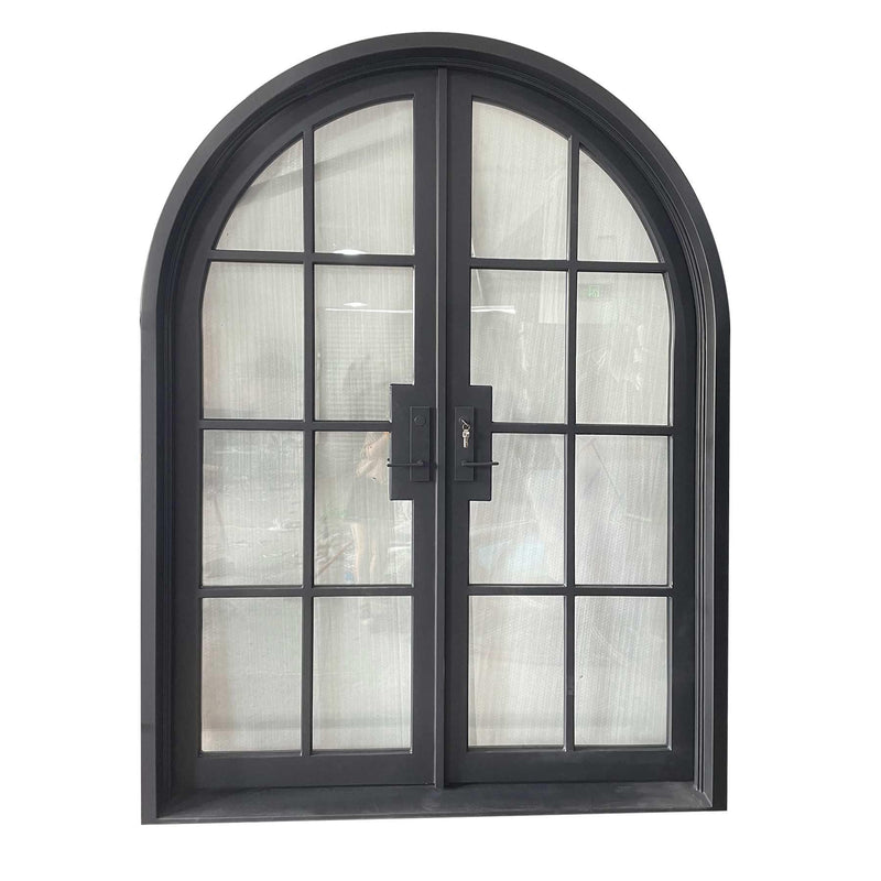 IWD Thermal Break Double Front Wrought Iron French Door CIFD-D0102 Round Top Clear Glass 4-Lite - IronWroughtDoors