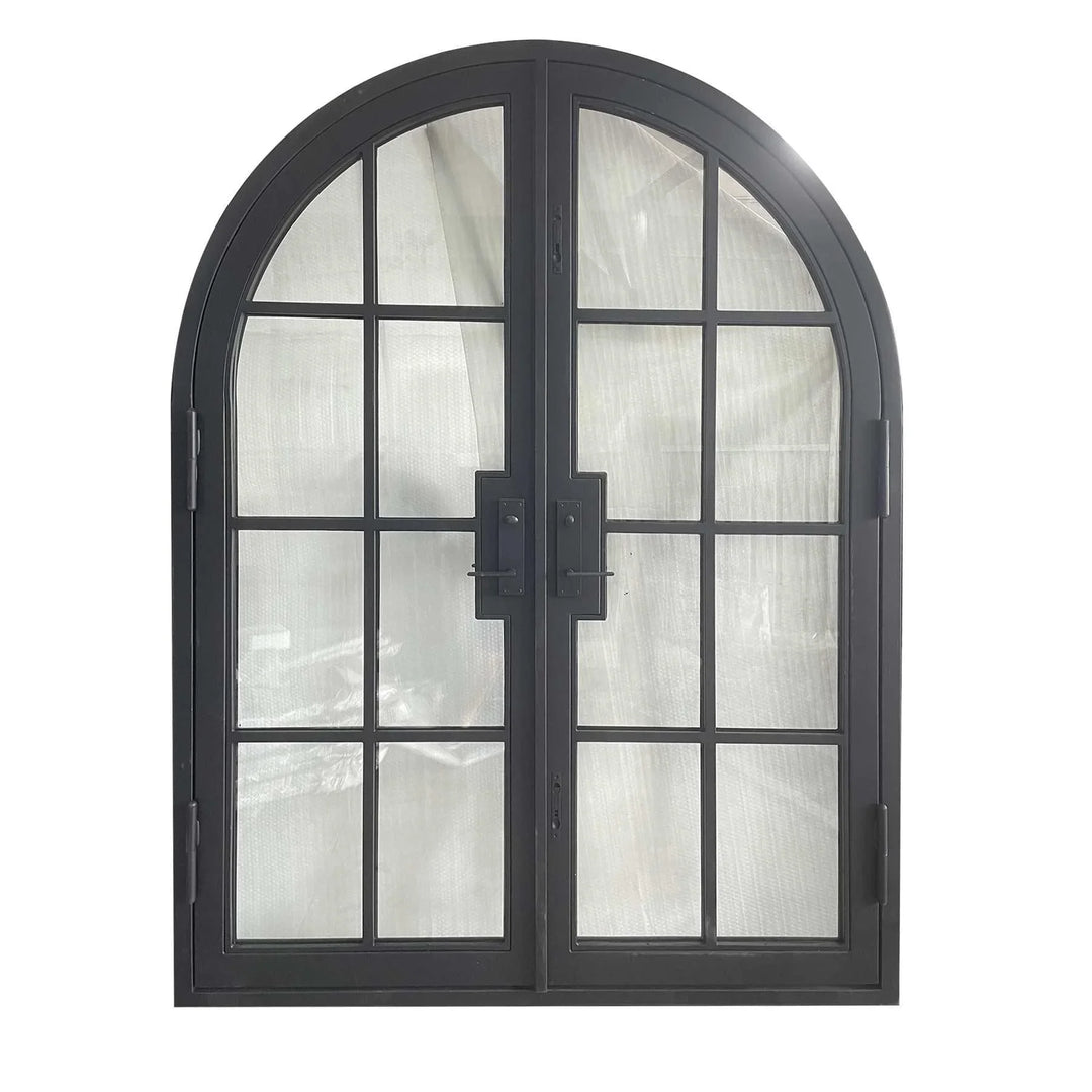 IWD Thermal Break Double Front Wrought Iron French Door CIFD-D0102 Round Top Clear Glass 4-Lite - IronWroughtDoors