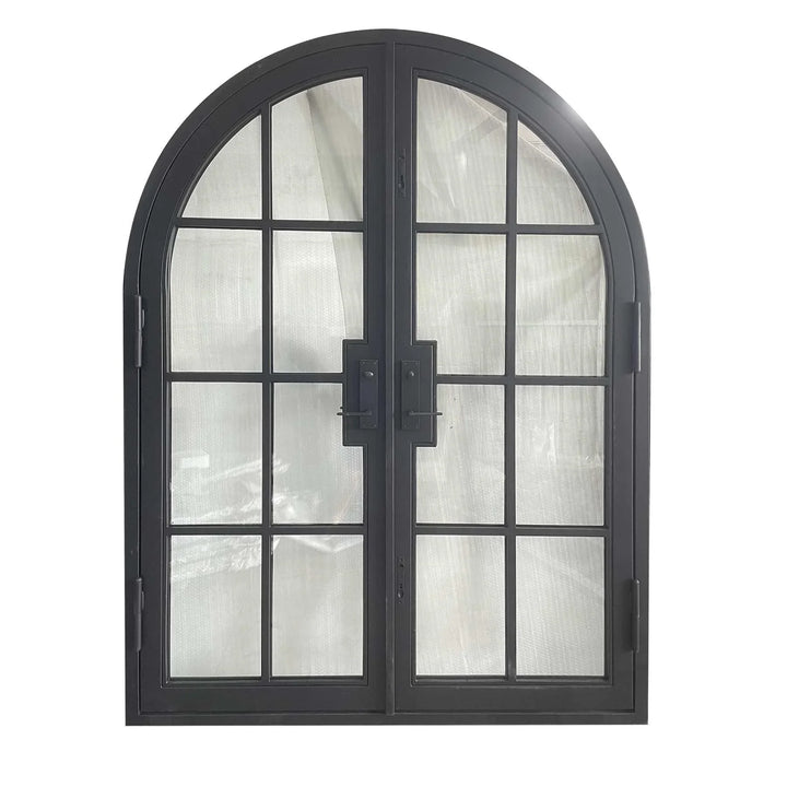 IWD Thermal Break Double Front Wrought Iron French Door CIFD-D0102 Round Top Clear Glass 4-Lite - IronWroughtDoors