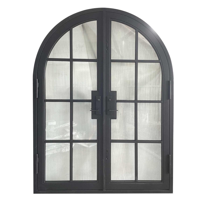 IWD Thermal Break Double Front Wrought Iron French Door CIFD-D0102 Round Top Clear Glass 4-Lite