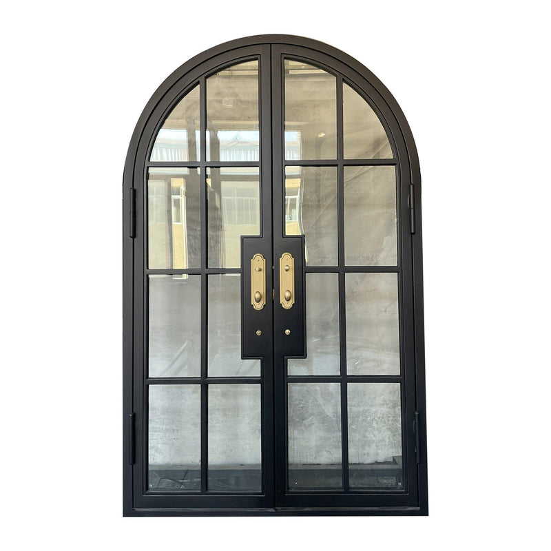 IWD Thermal Break Neat Design Wrought Iron French Dual Door CIFD-D0104 Arched Top Hurricane-Proof Glass 8-Lite