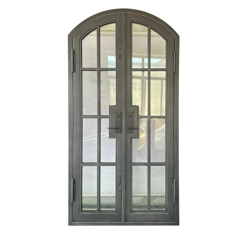 IWD Thermal Break Modern House Wrought Iron French Single Entry Door CIFD-S0301 Arched Top with Two Sidelights - IronWroughtDoors