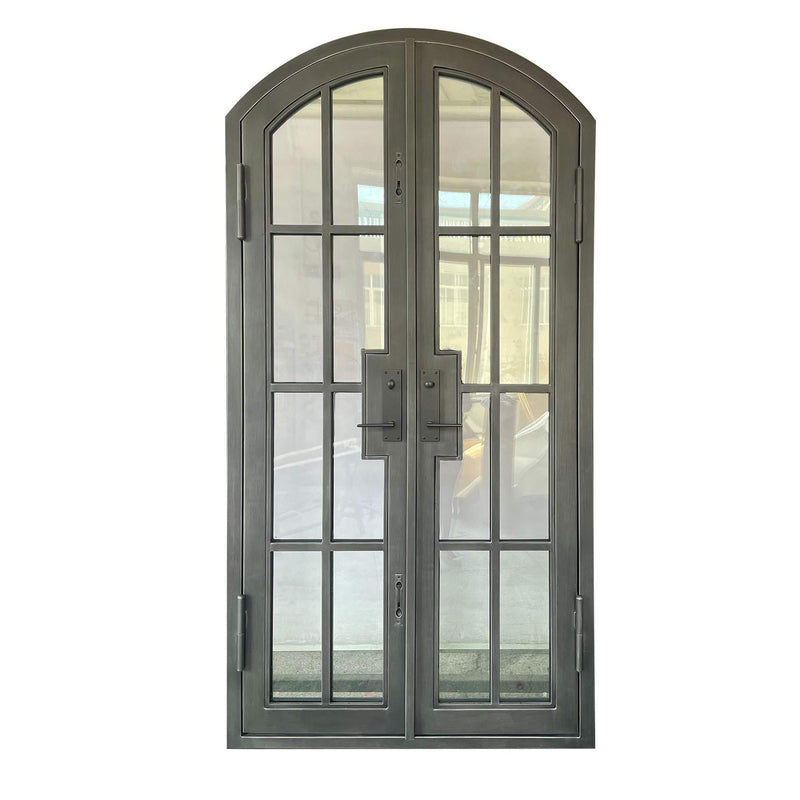 IWD Thermal Break Modern House Wrought Iron French Single Entry Door CIFD-S0301 Arched Top with Two Sidelights