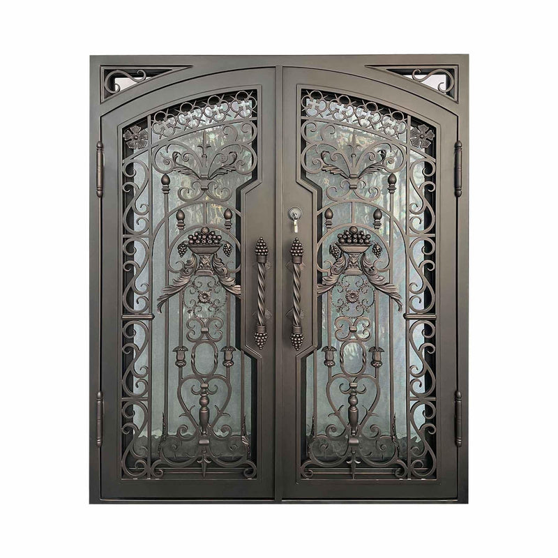 IWD Luxury Wrought Iron Double Front Door CLID-001-C Arched Top Full Panel Operating Window - IronWroughtDoors
