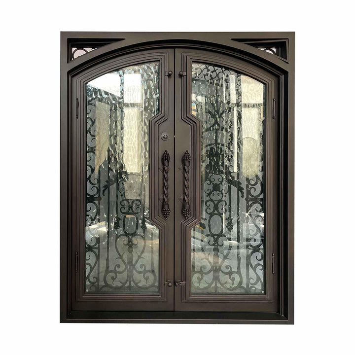 IWD Luxury Wrought Iron Double Front Door CLID-001-C Arched Top Full Panel Operating Window - IronWroughtDoors