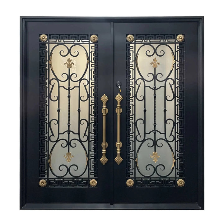 IWD Luxury Wrought Iron Double Door Ornate Scroll-Work CLID-005 Square Top Arched Transom Luxury Golden Handle