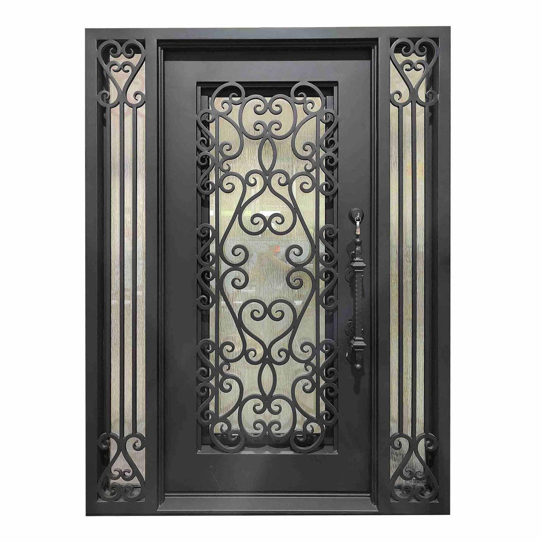 IWD Custom Wrought Iron Double Front Door CID-082 Luxury Scrollwork Round Transom - IronWroughtDoors
