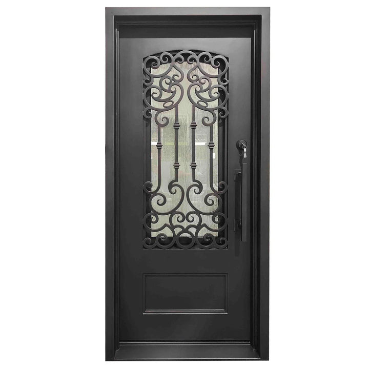 IWD Thermal Break Handcrafted Forged Iron Single Exterior Door CID-090 Classical Grille Design Square Top Aquatex Glass - IronWroughtDoors