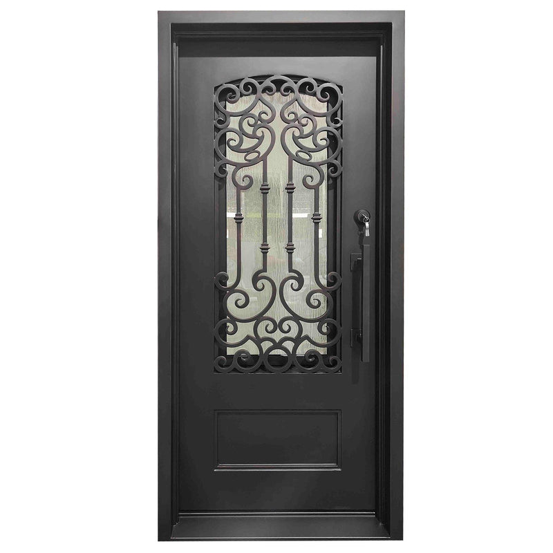 IWD Thermal Break Handcrafted Forged Iron Single Exterior Door CID-090 Classical Grille Design Square Top Aquatex Glass - IronWroughtDoors