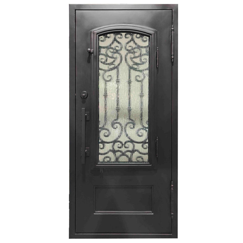 IWD Handcrafted Forged Iron Single Exterior Door CID-090 Classical Grille Design Square Top Aquatex Glass - IronWroughtDoors