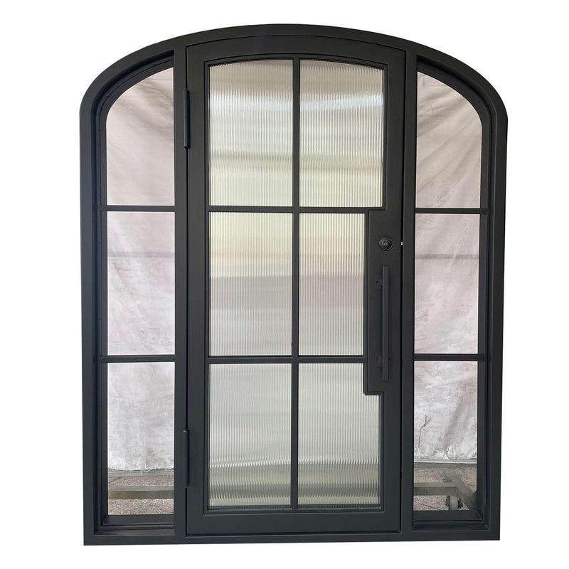 IWD Thermal Break Modern House Wrought Iron French Single Entry Door CIFD-S0301 Arched Top with Two Sidelights - IronWroughtDoors