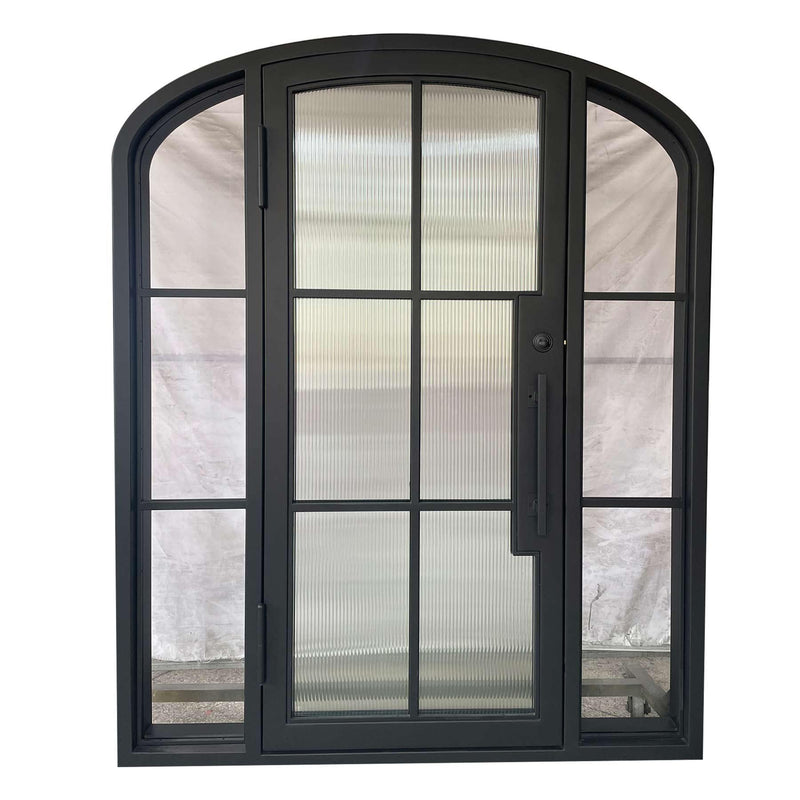 IWD Thermal Break Modern House Wrought Iron French Single Entry Door CIFD-S0301 Arched Top with Two Sidelights