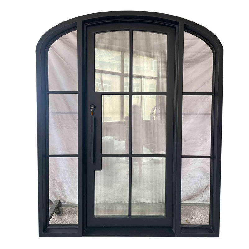 IWD Thermal Break Modern House Wrought Iron French Single Entry Door CIFD-S0301 Arched Top with Two Sidelights