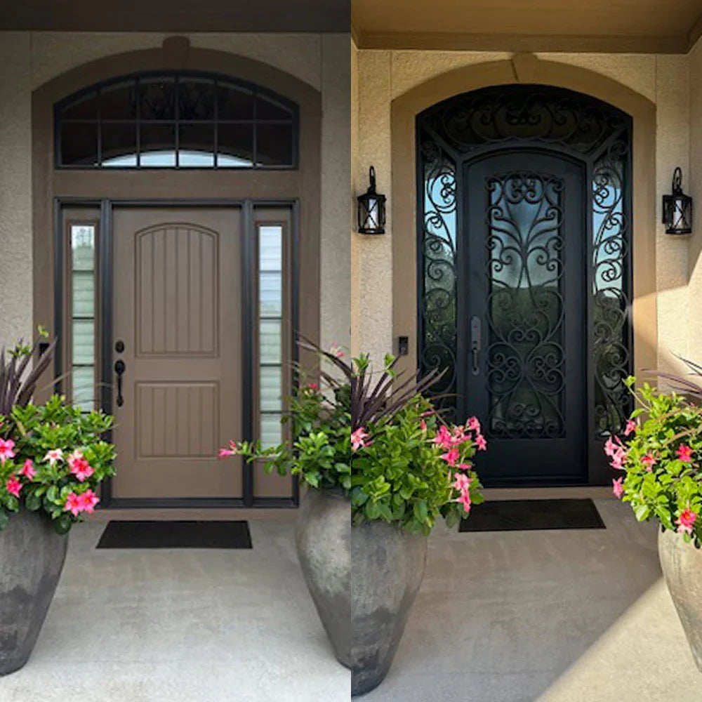 wrought-iron-single-door-with-arched-top-and-two-narrow-sidelights