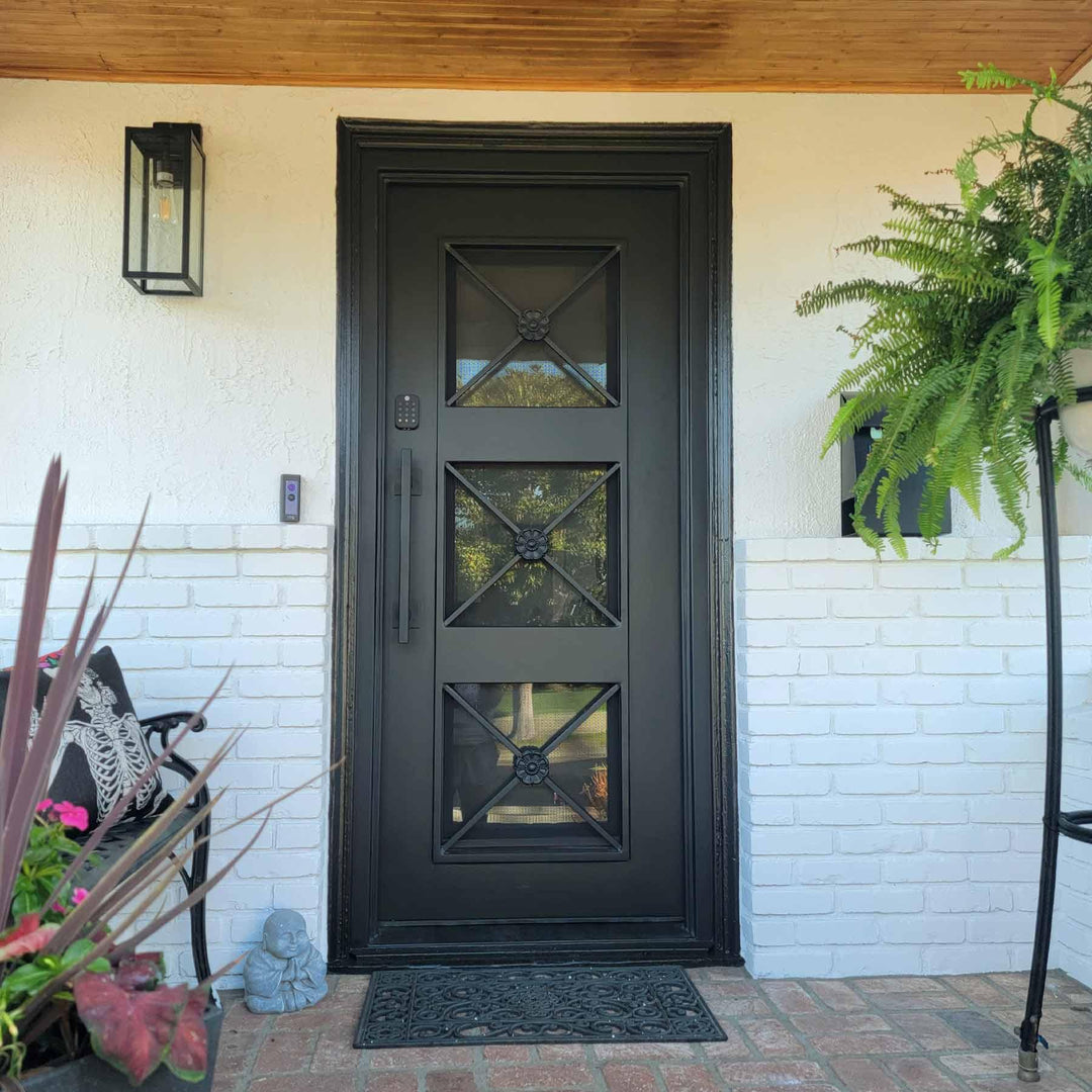 wrought-iron-single-door-with-black-frame-and-smart-lock
