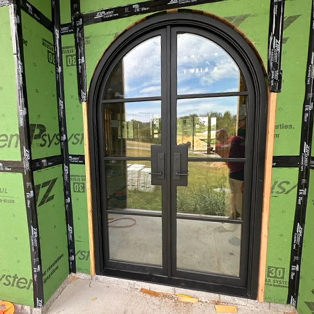 wrought-iron-front-french-double-door-with-round-top-and-4-Lite-glass-pane
