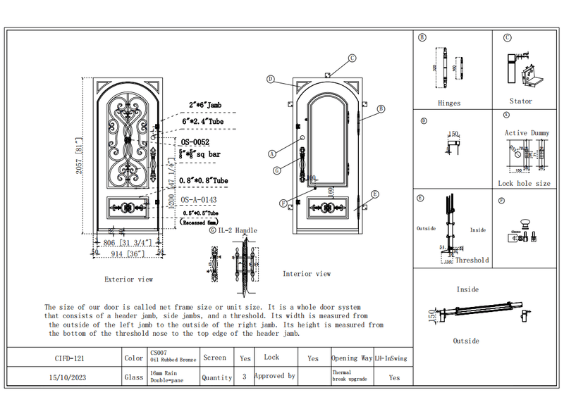 IWD Steel Frame Patio Single Thermal Break Door 36 By 81 Oil Rubbed Bronze CID-121 Drawing