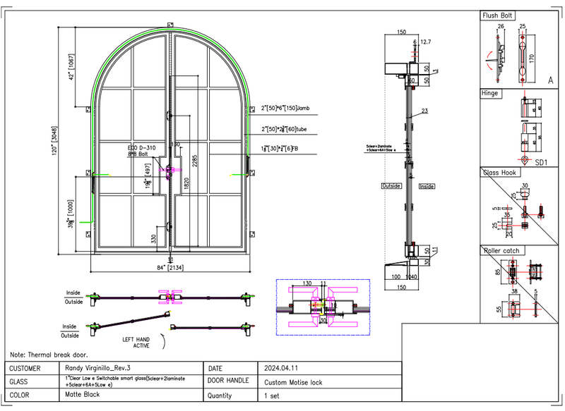 Custom 50% deposit link for Randy Virginillo IWD Thermal Break Double Front Wrought Iron French Door CIFD-D0102