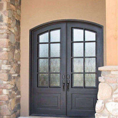 IWD Double Front Iron Entry Door CID-017-A Grid Slab Arched Top