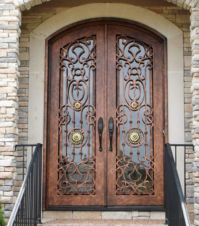 IWD Wrought Iron Double Entry Door CID-052 Ornate Design Spiral Scrollwork Arched Top 