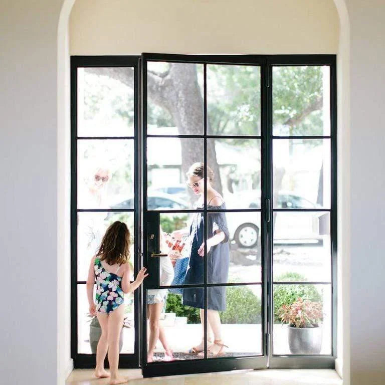 IWD Minimalist Forged Iron French Single Entry Door CIFD-S0302 Dual Pane Clear Glass with Double Narrow Sidelights 8-Lite 