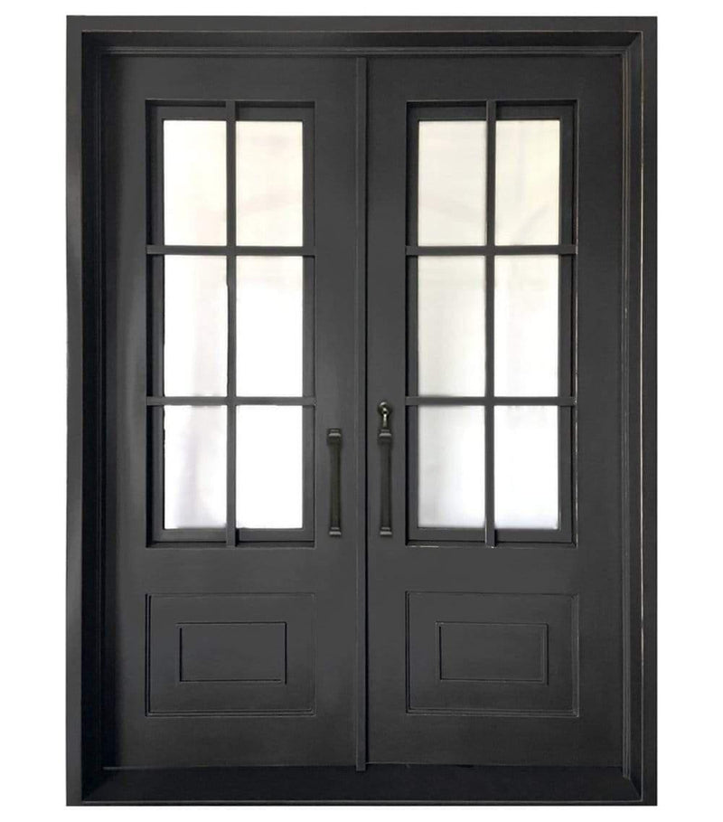 IWD Thermal Break Wrought Iron Double Front Entry Door CID-022-B Classic Grid Design Square Top Operable Glass with Screens 