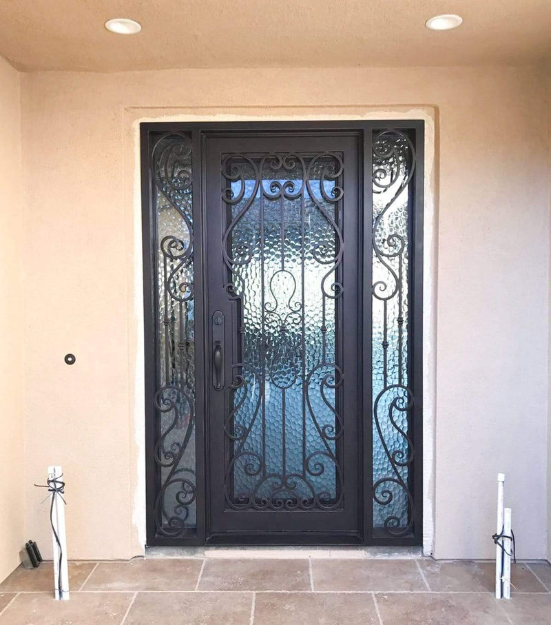 IWD Thermal Break Forged Iron Single Entry Door CID-043 Square Top Water Cubic Glass With Double Sidelights