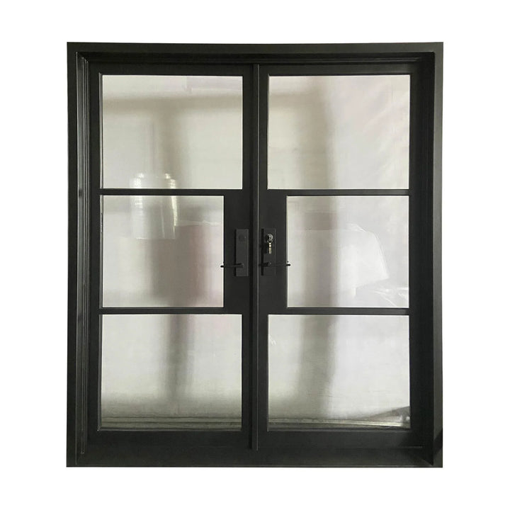 IWD Double Front Iron French Door CIFD-D0101 Square Top Double Pane Glass 3-Lite - IronWroughtDoors