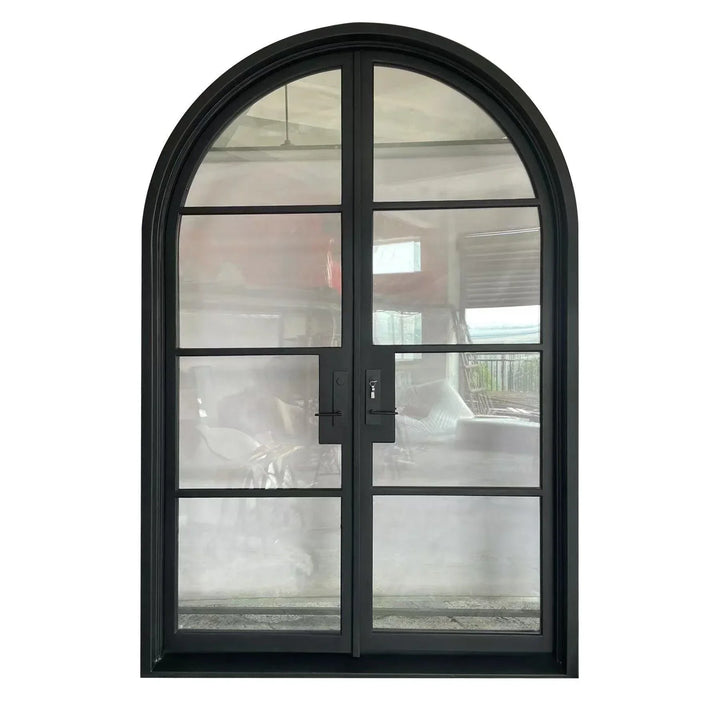 IWD Double Front Wrought Iron French Door CIFD-D0102 Round Top Clear Glass 4-Lite - IronWroughtDoors
