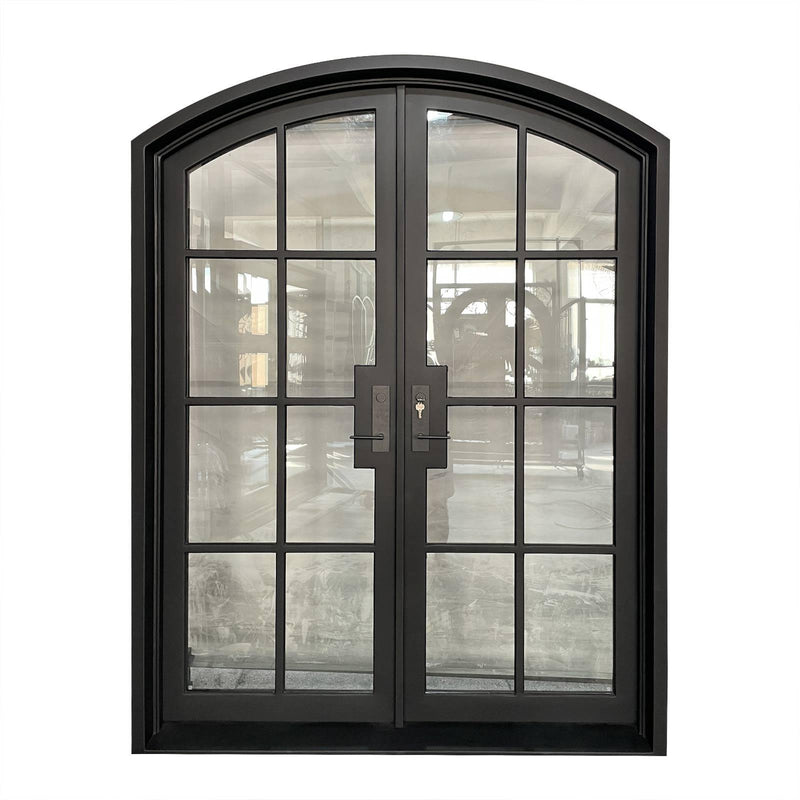 IWD Neat Design Wrought Iron French Dual Door CIFD-D0104 Arched Top Hurricane-Proof Glass 8-Lite - IronWroughtDoors