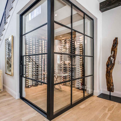 modern-wine-cellar-steel-french-door-with-large-clear-glass-wall