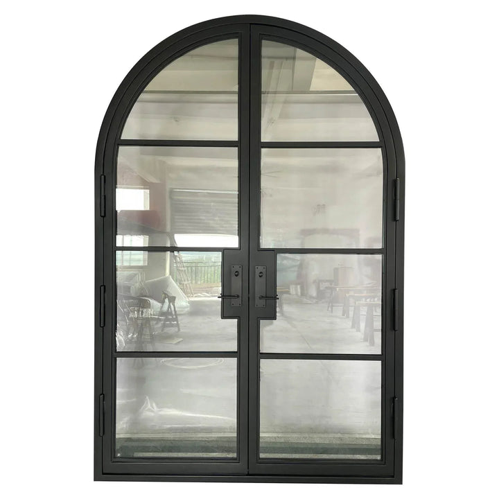 IWD Double Front Wrought Iron French Door CIFD-D0102 Round Top Clear Glass 4-Lite - IronWroughtDoors