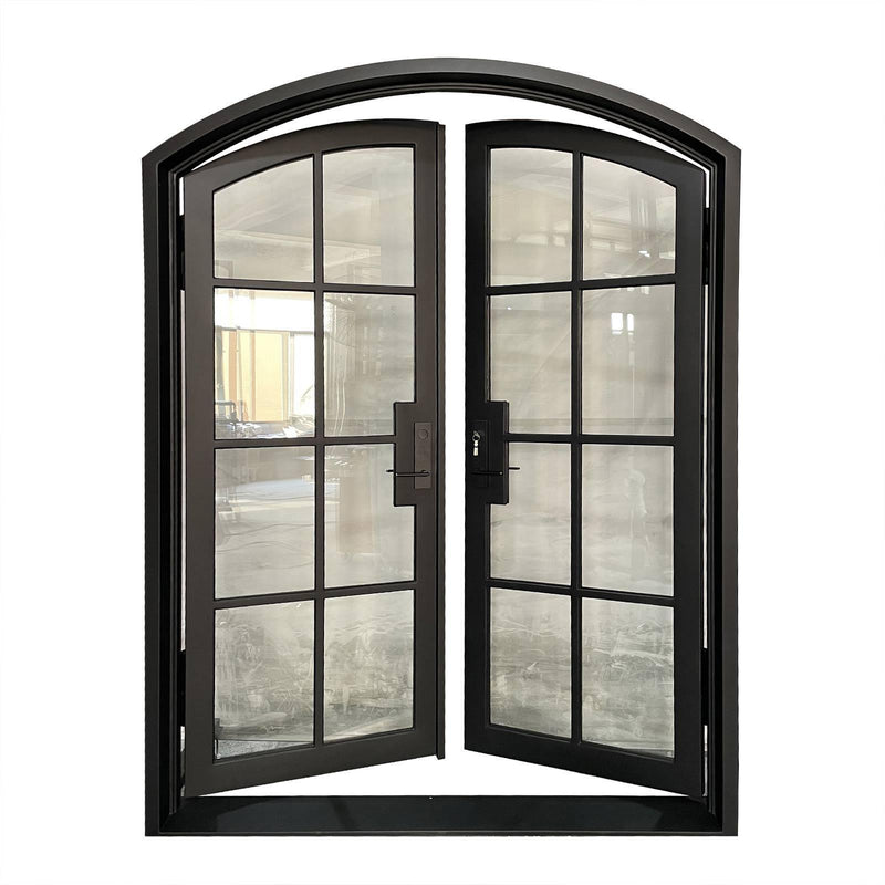 IWD Neat Design Wrought Iron French Dual Door CIFD-D0104 Arched Top Hurricane-Proof Glass 8-Lite - IronWroughtDoors