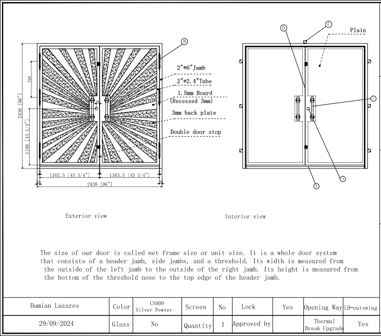 Custom deposit link for Damian Lazares IWD Thermal Break Wrought Iron Double Door CID-024 10/1/2024