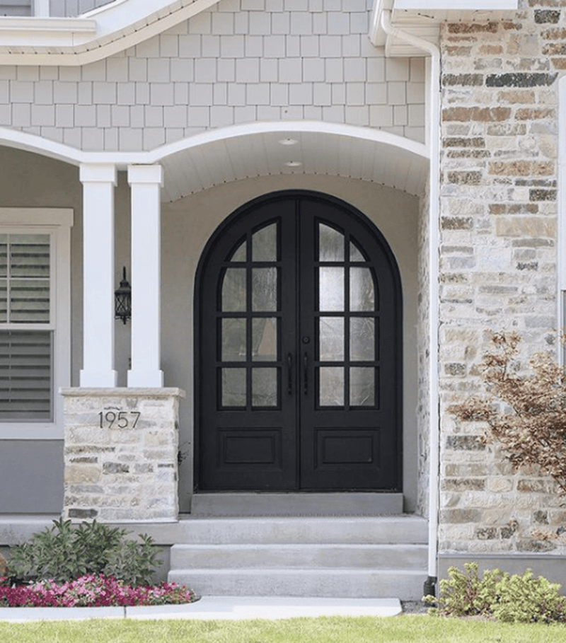 IWD Double Front Iron Entry Door CID-017-A Grid Slab Arched Top - IronWroughtDoors