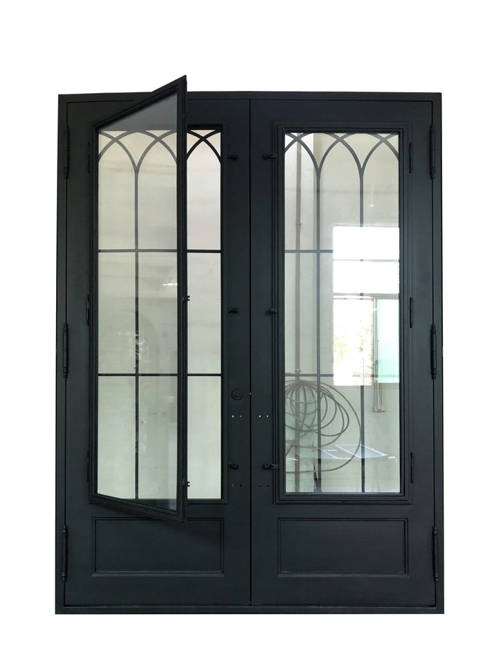 IWD Forged Iron Double Exterior Door CID-097 Neat Grille Matt Black Square Top Operating Glass