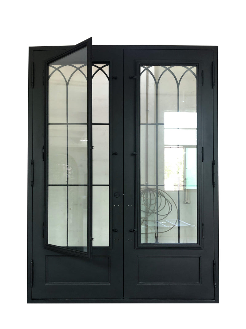 IWD Forged Iron Double Exterior Door CID-097 Neat Grille Matt Black Square Top Operating Glass