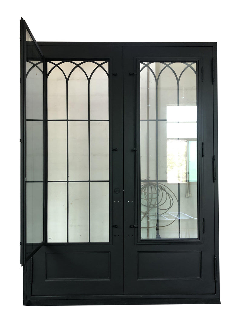 IWD Forged Iron Double Exterior Door CID-097 Neat Grille Matt Black Square Top Operaable Glass