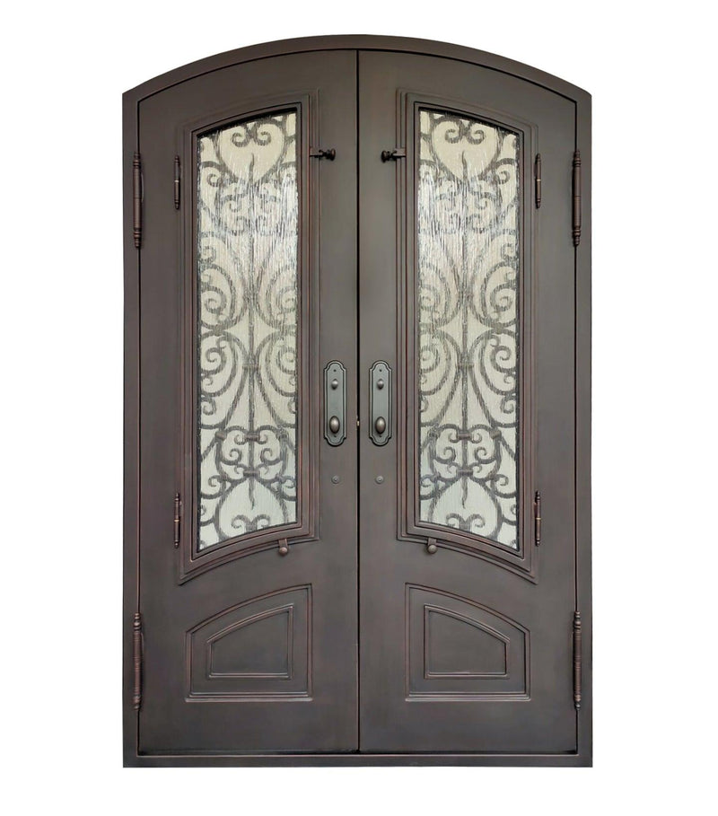 CID-013 IWD Wrought Iron Front Door Iron Entry Double Door 60x96 Arched Top Arched Kickplate Low-E Rain Glass - Back