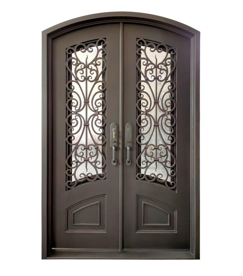 IWD Wrought Iron Front Door Iron Entry Double Door 60x96 Arched Top Arched Kickplate Low-E Rain Glass - Front