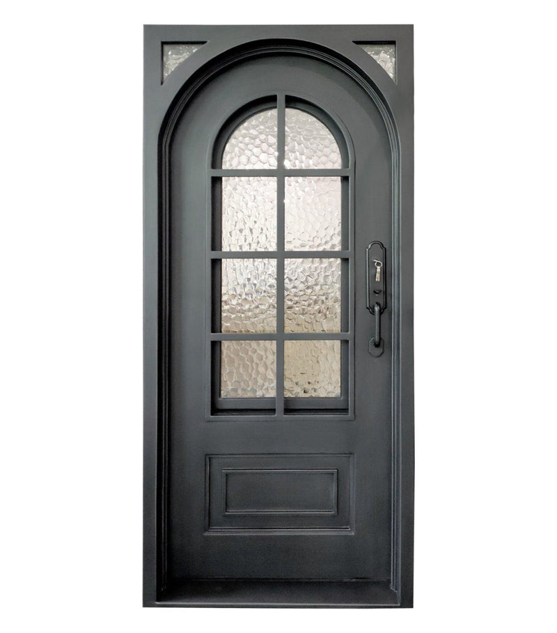 IWD Wrought Iron Front Door Iron Entry Single Door 38x84 Square Top Round Inside Water Cubic Glass With Screen - Front