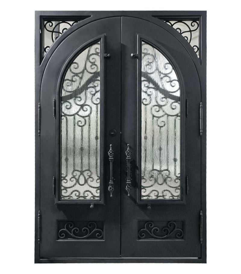 IWD Wrought Iron Front Door Iron Entry Door 64x96 Matte Black Square Top Round Inside Rain Glass With Screen - Back