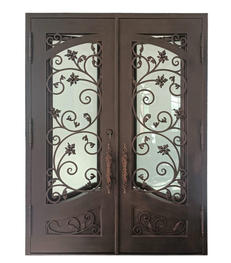 IWD Iron Wrought Double Entry Door 72X96 Square Top Frosted Glass Hurricane-Proof Left Hand Out Swing - Front