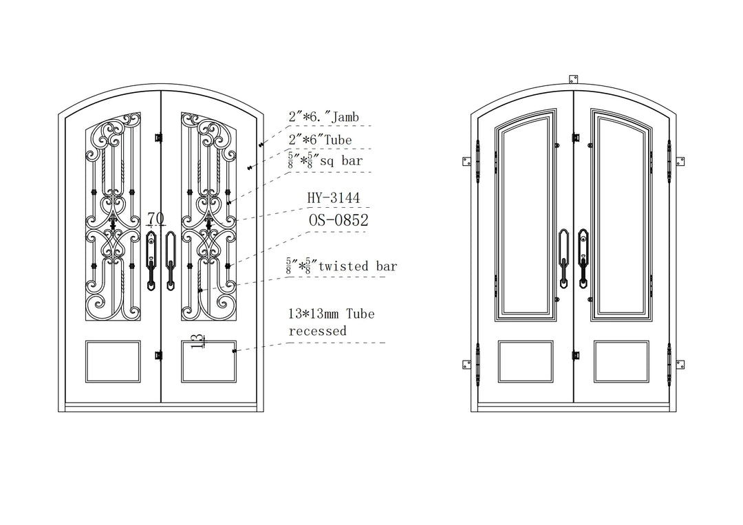 IWD Beautiful Iron Double Entry Door CID-049 Rustic Style Arched Top Drawing