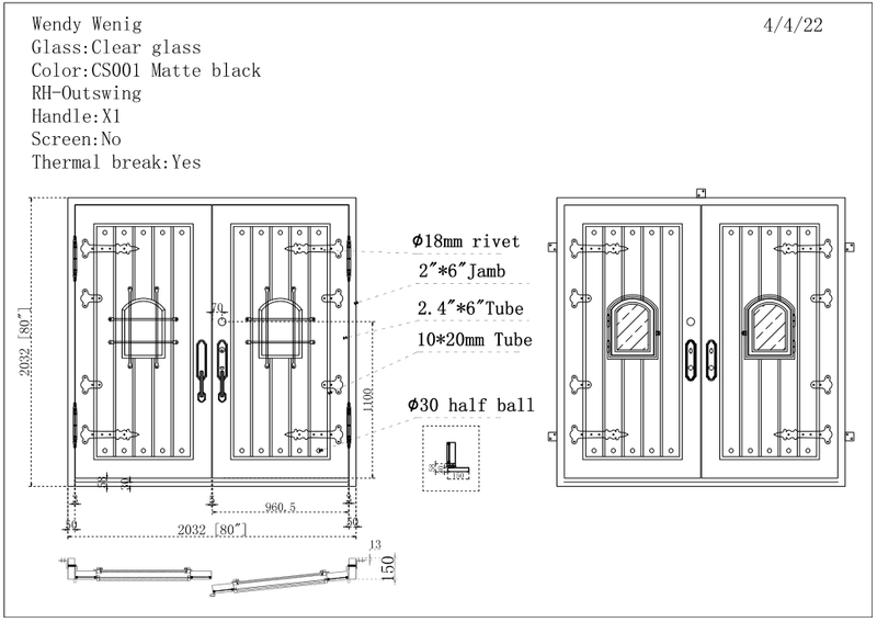 Custom link for Wendy Wenig IWD Thermal Break Forged Iron Double Entry Door CID-106-B Speakeasy Window Design With Door Closer - IronWroughtDoors