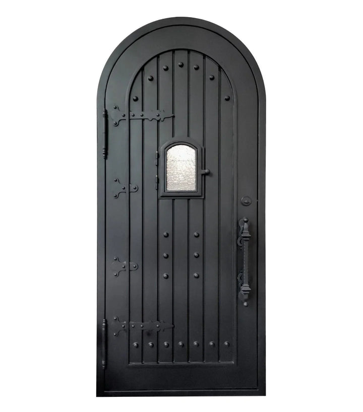 IWD Wrought Iron Entry Door Speakeasy Window 42x96 Matte Black Aquatex Glass Round Top - Back