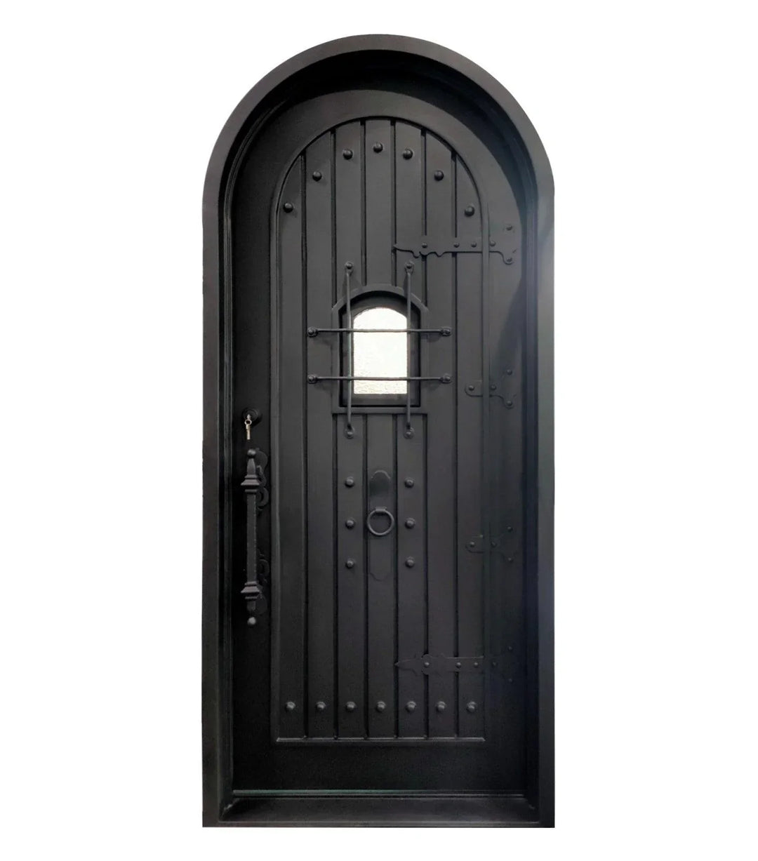 IWD Wrought Iron Entry Door Speakeasy Window 42x96 Matte Black Aquatex Glass Round Top - Front