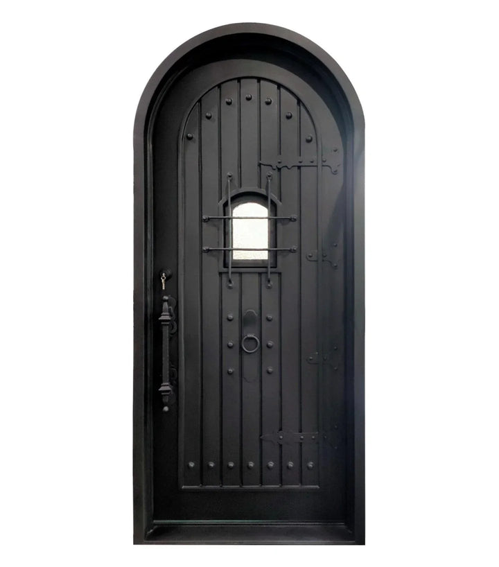 IWD Wrought Iron Entry Door Speakeasy Window 42x96 Matte Black Aquatex Glass Round Top - Front