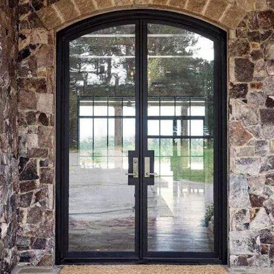 IWD Thermal Break Neat Design Wrought Iron French Dual Door CIFD-D0104 Arched Top Hurricane-Proof Glass Full Lite